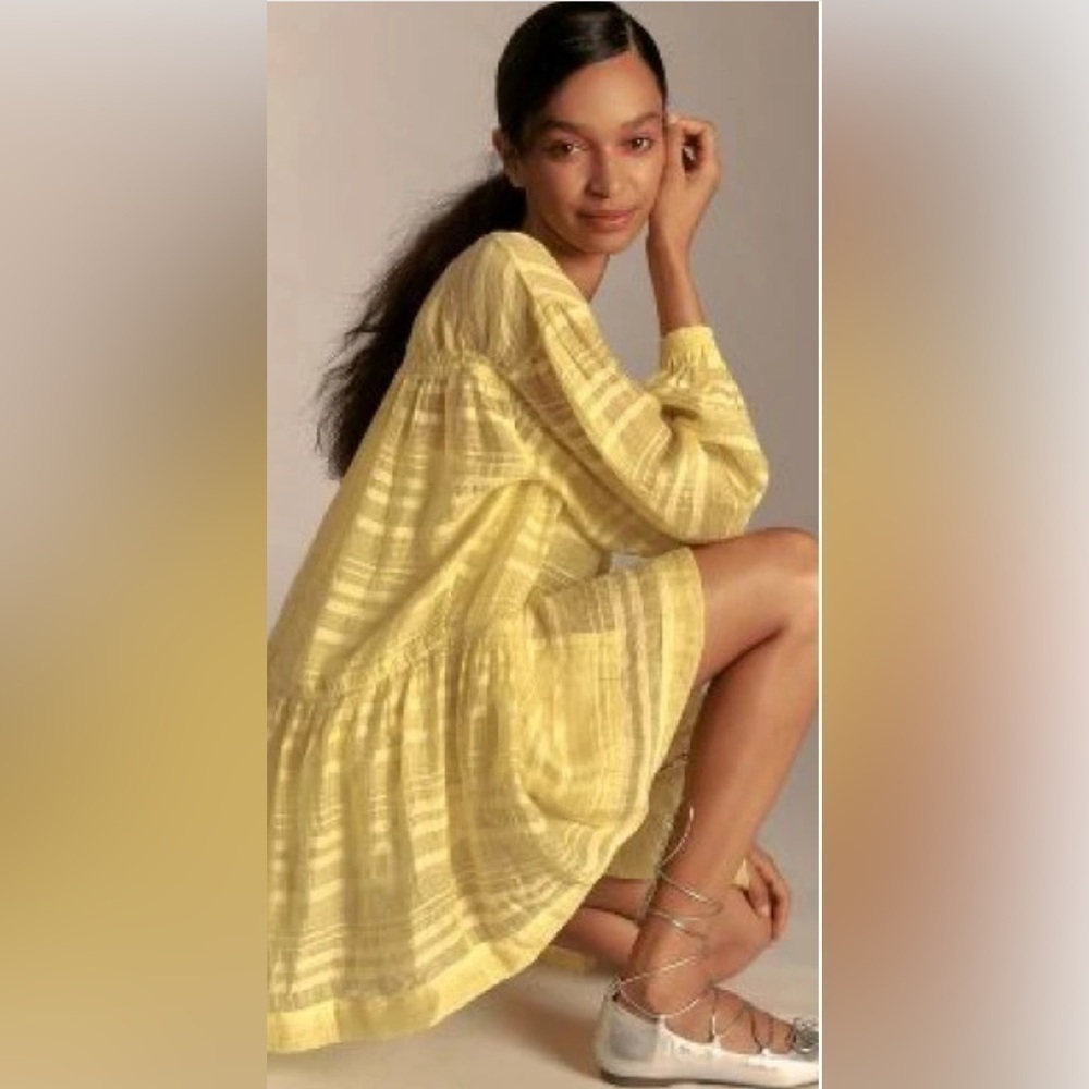 Anthropologie Zip-Front Mini dress Sz L yellow Long-Sleeve boho summer flowy
